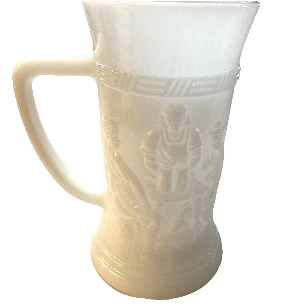 White Federal Milk Glass Vintage Stein Beer Mug Embossed Tavern Bar Pub Scene - Picture 4 of 8